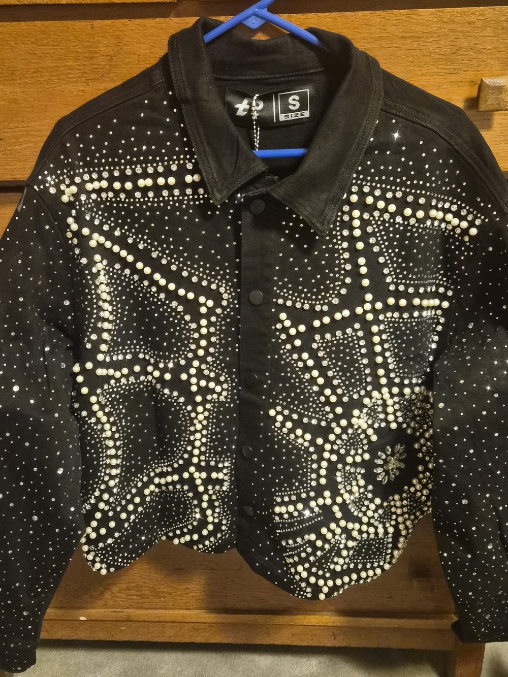 Politics PLTX Denim Studded Black Denim Jacket with Pearl & Crystal Accents